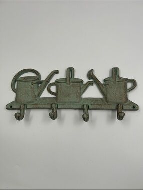 Rustic Cast Iron Green Watering Can Wall Hook Rack - Decorative Garden Decor